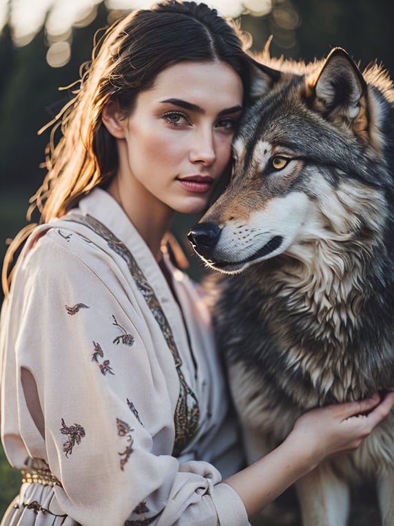 Portrait of a Beautiful women from Russian fairytale wearing traditional costume hugging a wolf