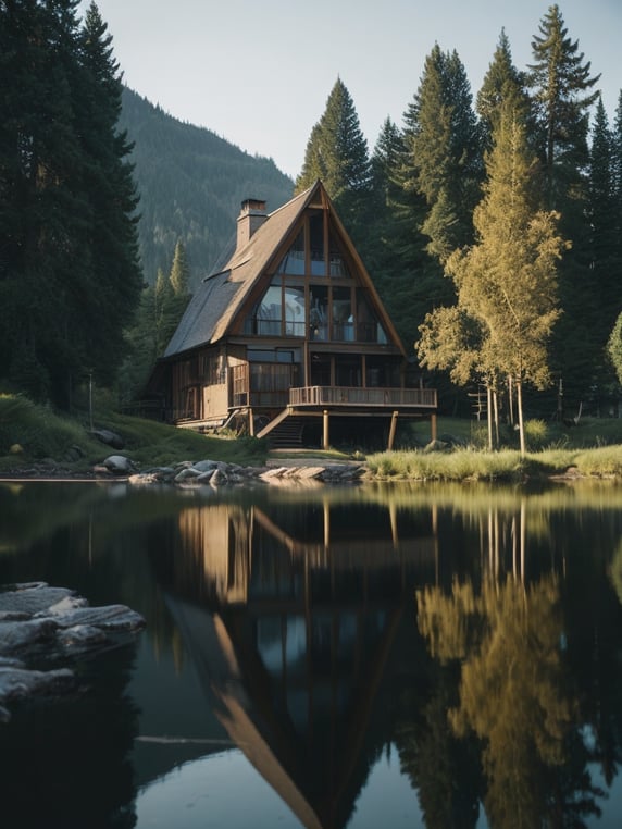 lakeside a-frame cabin in the trees with a wooden dock