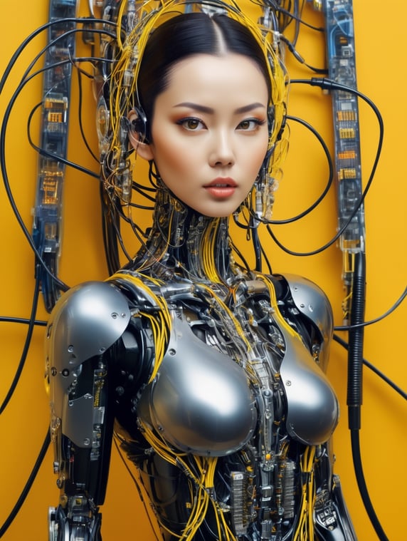 Half body photography, in front of a yellow wall, a futuristic cyborg woman, full of cables and wires and led, an well shaped transparent dark plexiglass latex body plc robots with silver motor head, 80 degree view, art by sergio lopez, natalie shau, james jean and salvador dali
