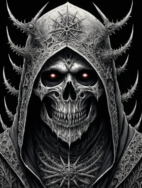 ink sketches frost art macabre illustration creepy drawing hooded faceless figure thorns dark background gothic artwork detailed sketch dark art gruesome image ink pen drawing