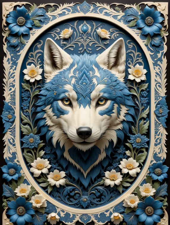 duochrome ink blue on cream letterpress print of folk wolf and flowers ornate frame design, empty space in middle for text, in the style of william morris