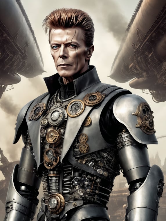David Bowie as a T800 terminator robot in steampunk background showing airship