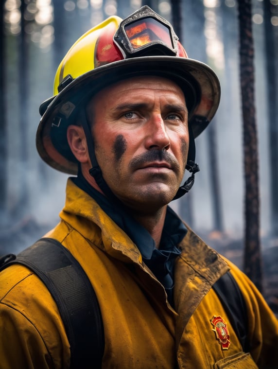 epic portrait of a Firefighter, forest fire, British Columbia Wildfire, Canada