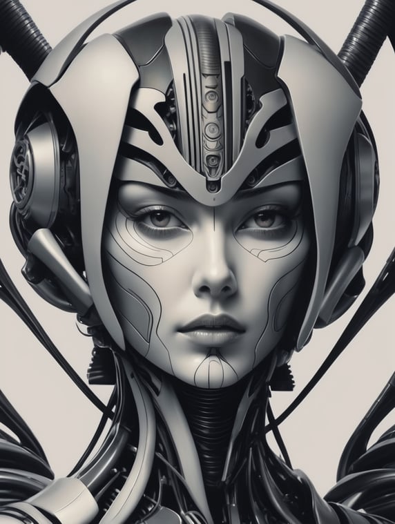style Evangelion robotic woman thick lines bold dark lines artwork and Hans Ruedi Giger inspiration background