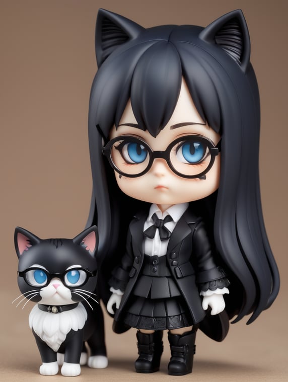 a nendoroid of a female with long black layered teased hair and rectangular black glasses wearing a trad goth outfit and trad goth make up. there are two cats, one is a tuxedo cat and one is brown and white. the girl has blue eyes