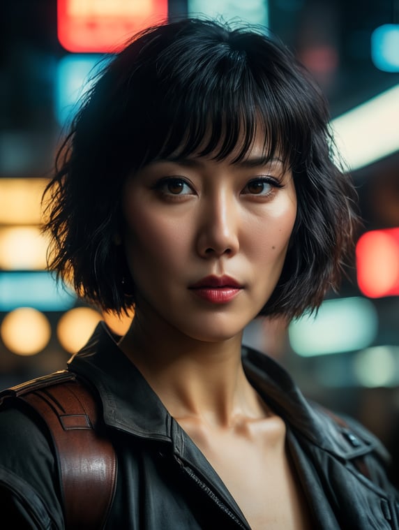 Motoko kusanagi in blade runner 1982, neo noir, cyberpunk, cinema still medium shot 8k