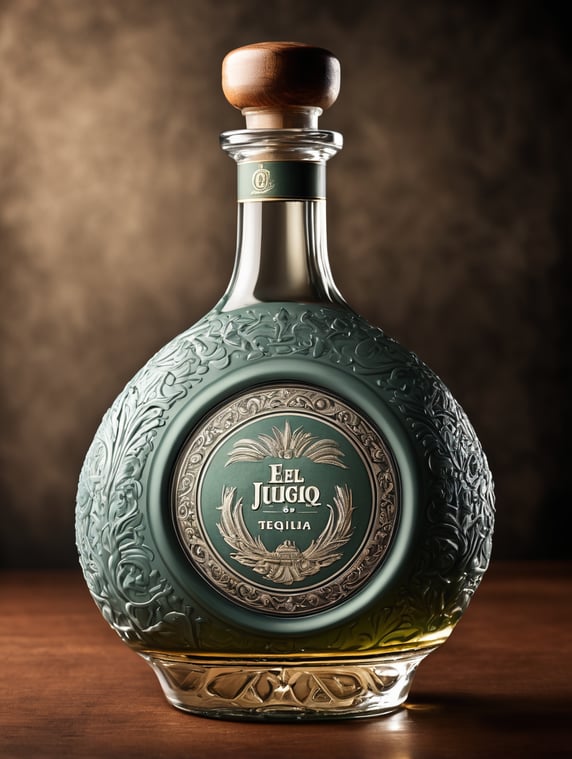 An upscale bottle of tequila called "El Jugo". Please shape the bottle like an agave.