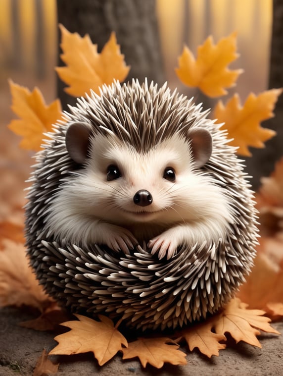 A charming and adorable hedgehog curled up into a cozy ball, its spiky quills standing out against a backdrop of fallen leaves. The hedgehog's cute expression and compact form evoke a sense of warmth and comfort.