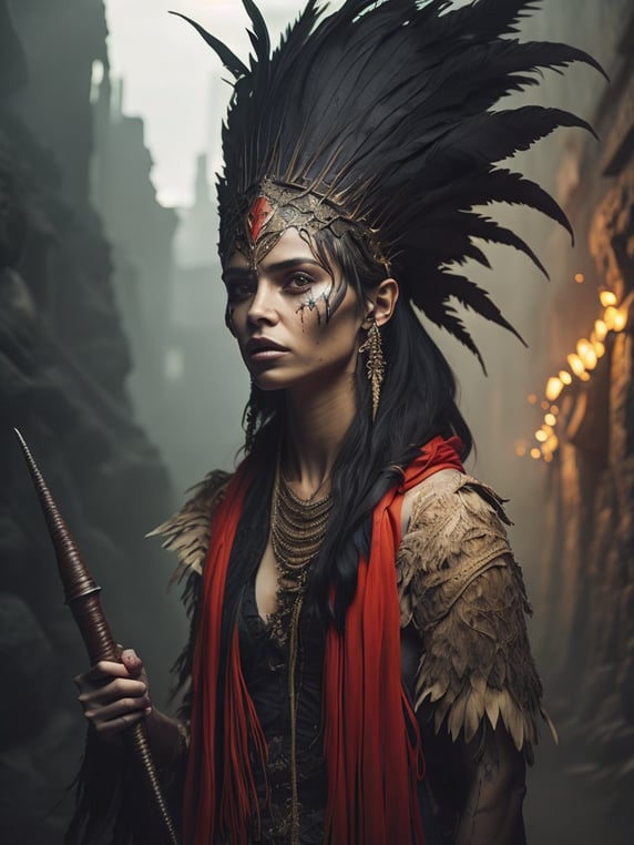 full-length portrait of a witch doctor wearing a feather headdress, spear in hand, a glowing skull floating, red face warpaint, ghostly, horror background, high fantasy concept art, highly detailed, darl tones