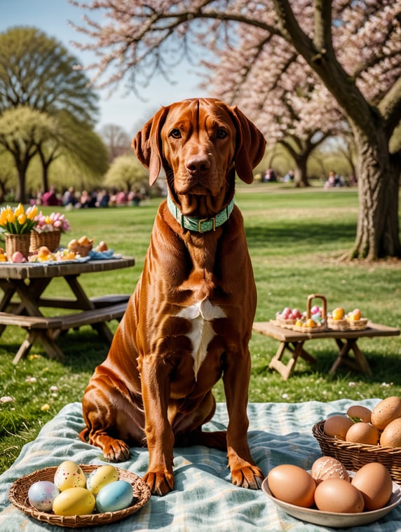 A vizsla at an Easter picnic, in a nice spring scenery