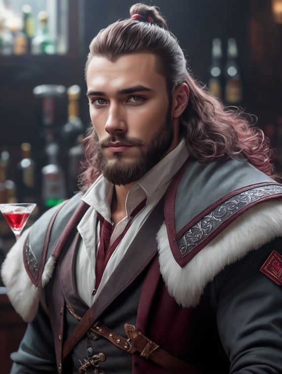 young wizard in his 20's, male, bartender, brown hair with red highlights