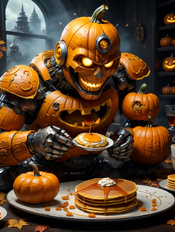 robot pumpkin eating pancakes