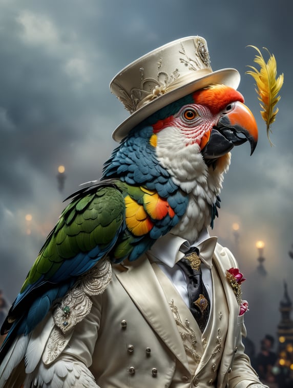 Corella parrot in a tuxedo and hat; Corella parrot in a tuxedo and hat