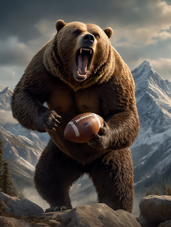 grizzly bear roaring and carrying an american football pigskin with mountains in the background