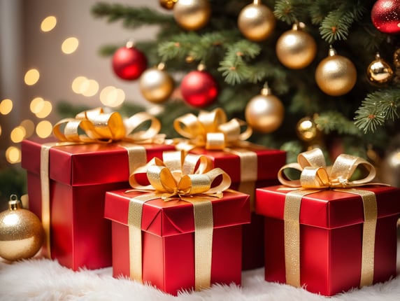 Christmas gift red golden boxes with Christmas tree with golden Christmas balls and Christmas lights