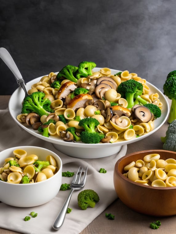plate of orecchiette pasta, broccoli, mushrooms and chicken with butter sauce and add chicken