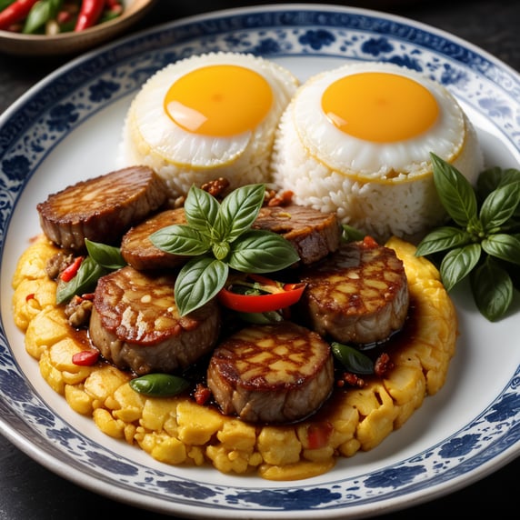 photo of Thai food, Stir-fried minced pork with basil and omelet , top on rice hot steam face, have chili fish sauce ,have little smoke , on blue-and-white Chinese porcelain plate, deep black background, 8K, Photo, Ray Tracing, reflective light. advertising image, naturality background, natural light catching the product, realistic image, sharp image, 8K