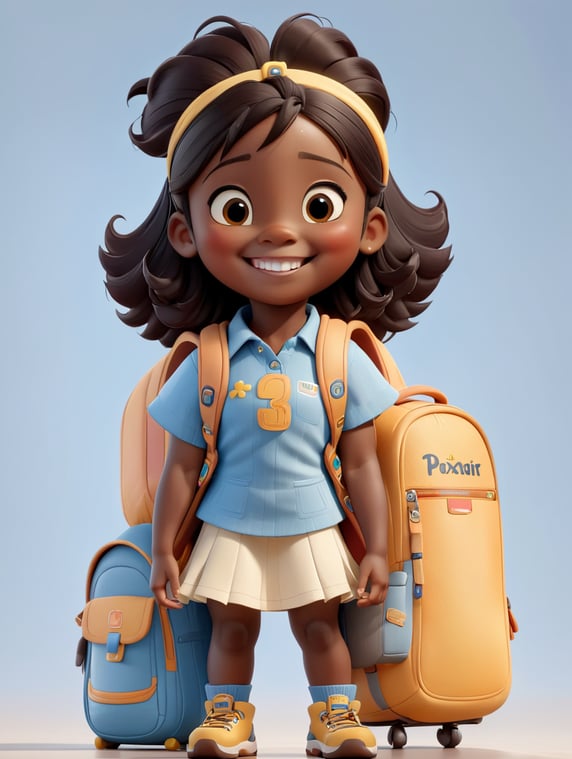 Black-skinned female child student smiling with arms up; Estudante infantil feminina, de pele negra, sorrindo, com os braços para cima