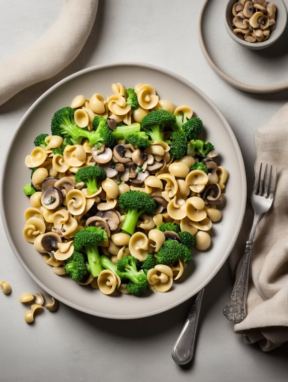 plate of orecchiette pasta, broccoli, mushrooms and chicken