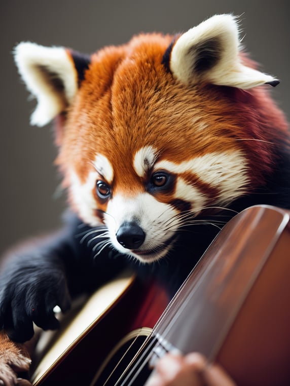 Red panda bear playing guitar, Vivid saturated colors, Contrast light, studio photo, professional photo, Detailed image, detailed face
