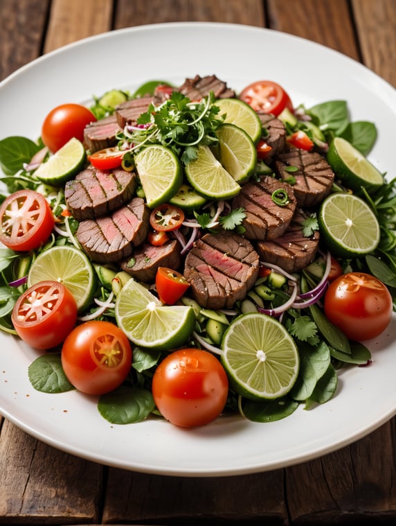Thai Beef Salad (Yam Nua), small plate on a wooden table, Description: A zesty Thai salad featuring grilled beef, mixed with fresh herbs, cucumber, red onion, and tomatoes, and dressed with a tangy lime dressing.