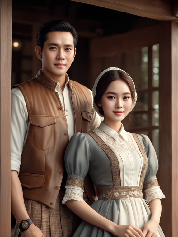 foto couple muda dengan busana cottage core,epic details, realistic, raytracing, photorealistic , Cinematic, Ultra HD, vintage, realistic human photo, ultra realistic, epic details, intricate details, Professional photography.