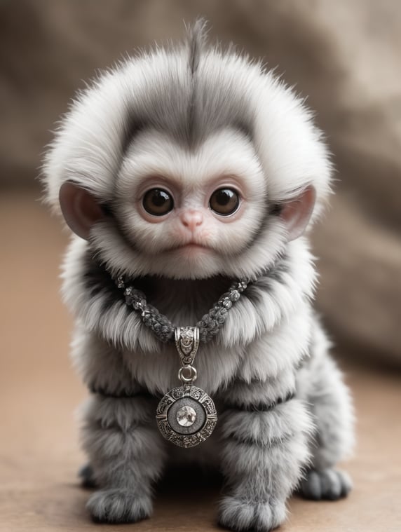 Monkey-spider-scorpion hybrid animal, small cute, furry, fluffy, wearing grey necklace with grey pendant, big adorable grey eyes