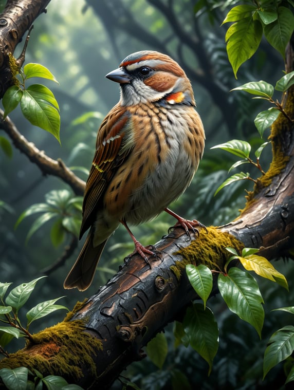 trillions years old sparrow sit on the old tree in the jungle