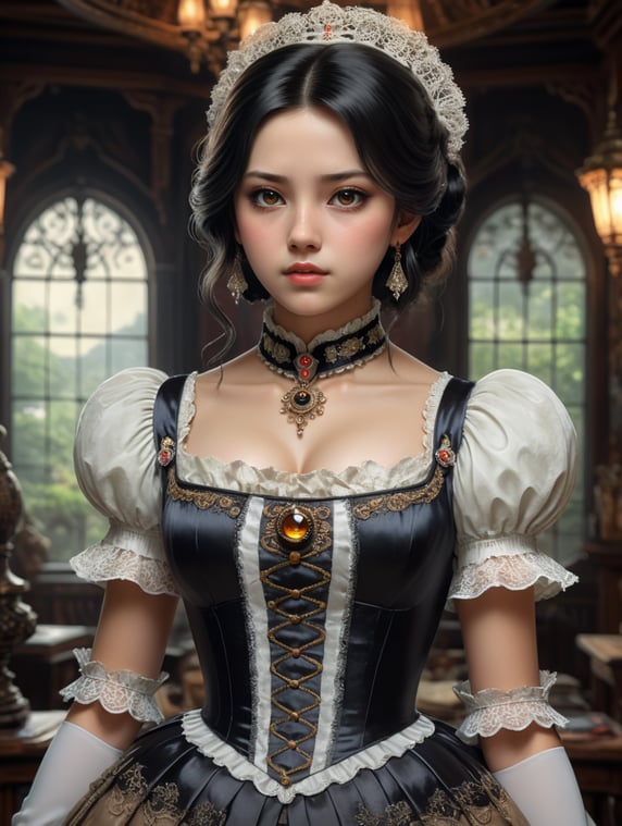 A studio ghibli girl with black hair and white skin and brown eyes and wearing a victorian dress