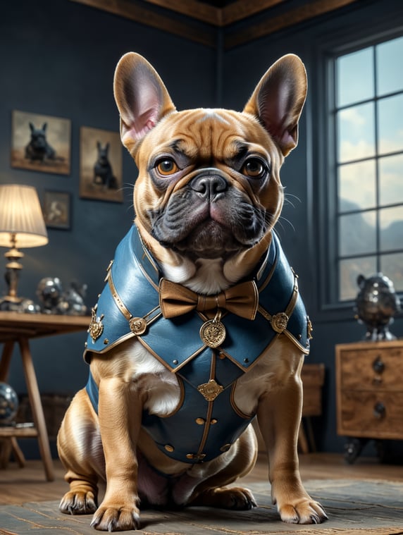 Blue and tan french bulldog with miscles looking cool standing in a plain studio