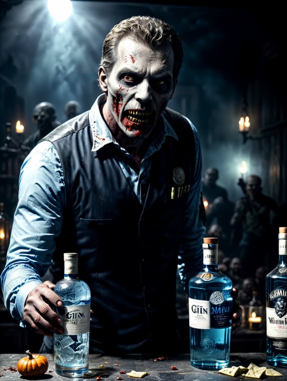 zombies, Halloween, blue and black colors, holding a bottle white vodka and glass gin.