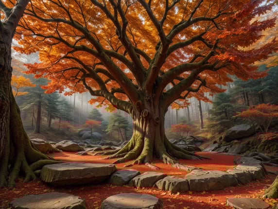 Envision a playful Peace Tree 3D bas-relief. The piece showcases an autumn forest scene, with vibrant reds and oranges, and a forest floor border covered in fallen leaves.