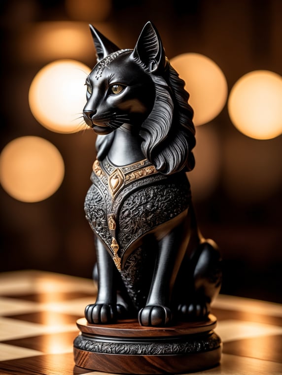 chess figure Queen looks like a cat, made from a black wood, deep carved, stand alone