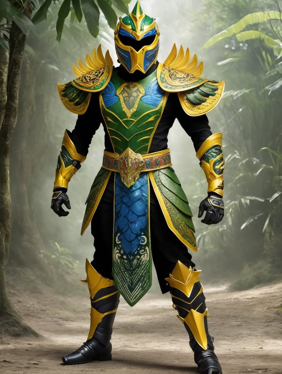 Draw Five Power Rangers inspired by Indonesia's unique wildlife, each with detailed and colorful costumes that reflect their animal theme. The group consists of: 1) A dashing male Red Ranger based on the Sumatran tiger, with tiger-striped armor and sharp claw details and added ornamentation from Sumatran woven fabric. 2) A strong male Blue Ranger based on the Javan rhinoceros, with heavy, sturdy armor and a mega mendung batik motif. 3) A graceful female Green Ranger inspired by the Javan peacock, with a peacock-feather pattern and Javanese batik accents. 4) A nimble female Yellow Ranger based on the proboscis monkey, with flexible monkey-inspired armor and flowing yellow elements with Dayak motif accents. 5) A tough male Black Ranger inspired by the Komodo dragon, with black, scaly armor and dragon-like spikes. Each ranger wears a uniquely designed helmet to match their animal theme.; buatkan gambar Lima Power Rangers yang terinspirasi dari satwa liar unik Indonesia, masing-masing dirancang dengan kostum yang detail dan penuh warna mencerminkan tema hewan mereka. Kelompok ini terdiri dari: 1) Ranger Merah laki-laki yang gagah berdasarkan harimau Sumatra, dengan armor bergaris seperti harimau dan detail cakar tajam dan tambah ornamen dari kain tenun khas sumatera. 2) Ranger Biru laki-laki yang kuat bertema badak Jawa, dengan armor berat dan kokoh dan motif batik mega mendung. 3) Ranger Hijau perempuan yang anggun terinspirasi dari merak Jawa, dengan pola seperti bulu merak dan aksen batik jawa. 4) Ranger Kuning perempuan yang lincah berdasarkan bekantan, dengan armor fleksibel yang terinspirasi monyet dan elemen kuning yang mengalir dengan aksen motif dayak. 5) Ranger Hitam laki-laki yang tangguh terinspirasi dari komodo, dengan armor hitam bersisik dan duri-duri seperti naga. Setiap ranger memakai helm yang dirancang unik sesuai tema hewannya.