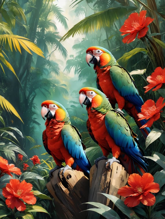 5 parrots sit in the green jungle. 8 red flowers in the thicket. Style Walasse Ting; 5 Papageien sitzen im Grünen Dschungel. 8 rote Blüten im Dickicht. Stil Walasse Ting