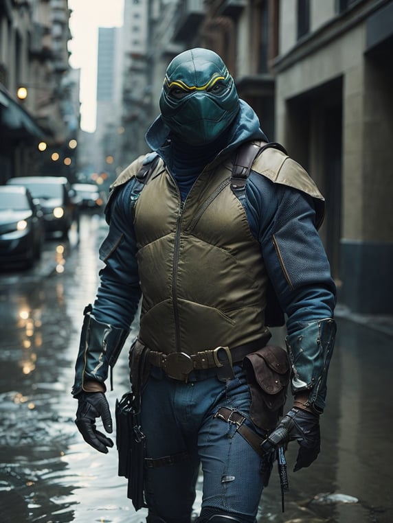 one character. ninja turtle, Leonardo walks down the street, cyberpunk style, full-length, it's raining puddles on the street