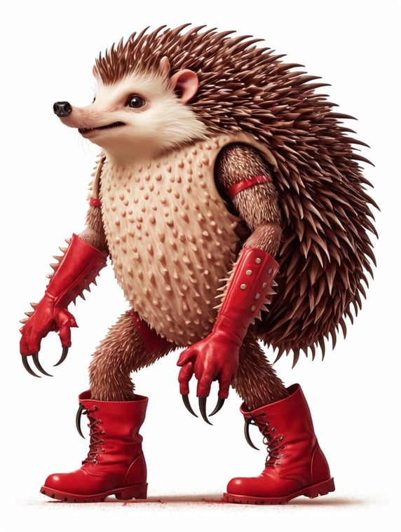 hedgehog tall like human hedgehog body but human flesh covering it, and its wearing big red boots and has long claws