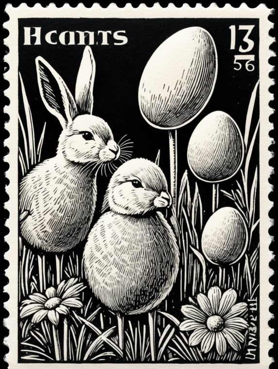 Black and white linocut postage stamp easter thick bold dark lines