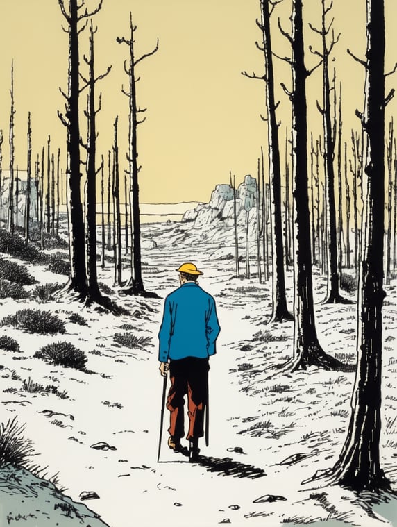 pen and ink, illustrated by hergé, man alone forever. Sadness, stunning color scheme, masterpiece