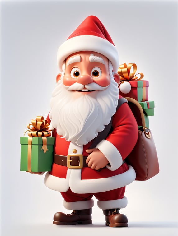 Santa Claus in full height holds a bag of gifts , on a white background, clipart