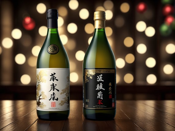 Realistic bottle of Sake, high-quality rendering, detailed label, elegant glass material, soft ambient lighting, reflective surface, christmas background, 4K resolution, ideal for online presentation