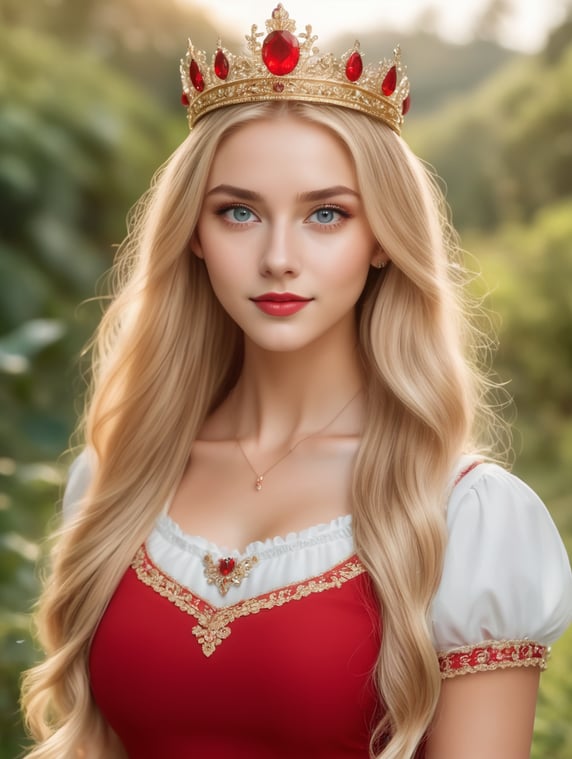 look at camera portrait with long blonde hair and charming eyes, a Victoria's Sean attractive Facecret mode, Princess red skirt, wear a crown, y2k aesthetic, light nature, high-quality 4K, lifelike portrayal.
