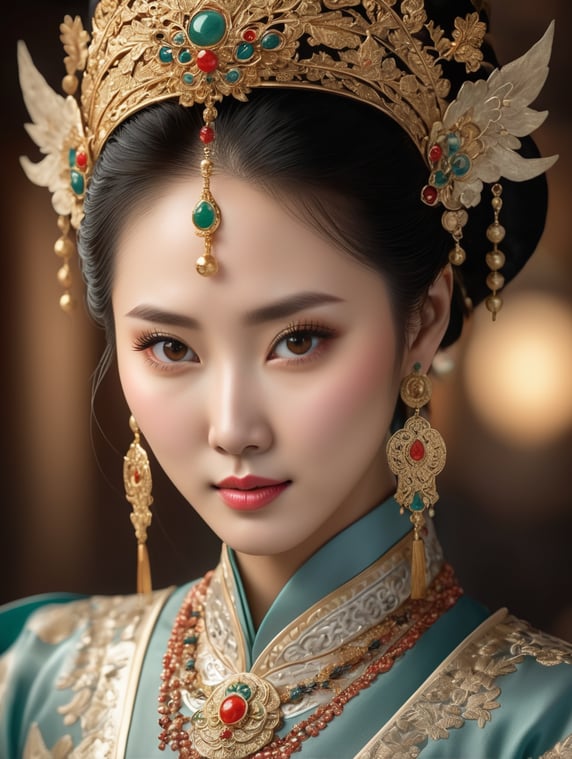A stunning Chinese female exudes elegance in a traditional attire, beautifully crafted and intricately detailed. The realistic professional and marketing photoshoot captures her timeless beauty, highlighting her graceful movements with impeccable lighting and composition. This photograph is a true work of art, showcasing the rich cultural heritage and captivating allure of the Chinese tradition., Miki Asai Macro photography, close-up, hyper detailed, trending on artstation, sharp focus, studio photo, intricate details, highly detailed,