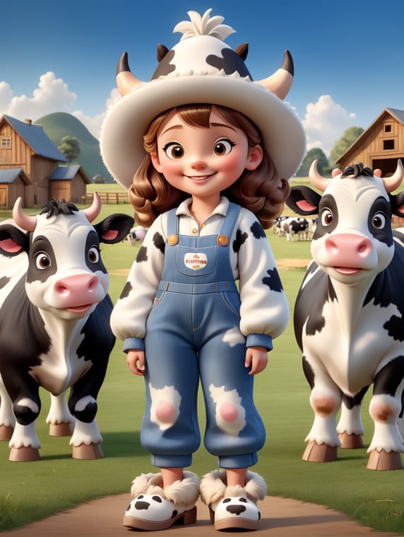 Draw a happy young woman wearing furry slippers on her feet that look like small holstein cows. The woman wears a large cowbow hat and denim overalls, and is standing in a barnyard with cows shown in the background.