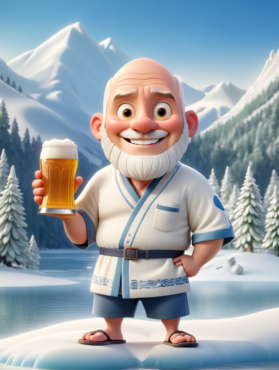 3D 35yo white small bald stocky man with flip-flops too much bigger, short & t-shirt, 3 day beard, smiling, altruist, a beer in each hand, frozen lake on background, snowy fir trees, mountain