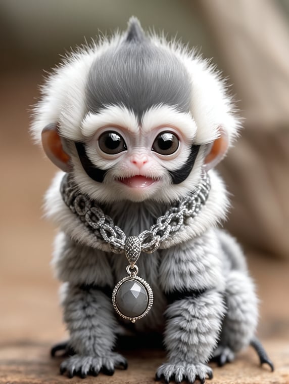 Monkey-spider-scorpion hybrid animal, small cute, furry, fluffy, wearing grey necklace with grey pendant, big adorable grey eyes
