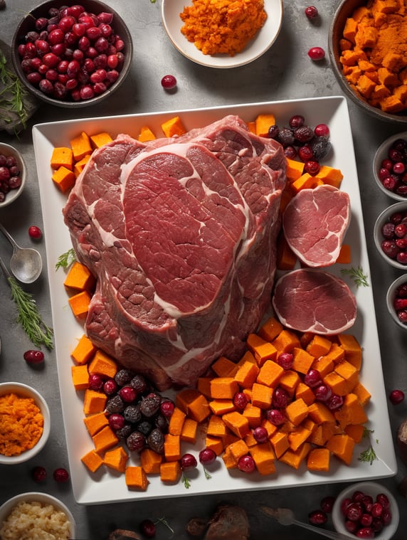 lamb meat, cramberries and sweet potatoe composition, white background