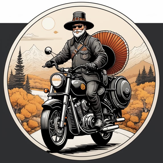 an illustration of a turkey with a pilgrim hat riding a motorcycle, 2d circular design, ink and pen illustration