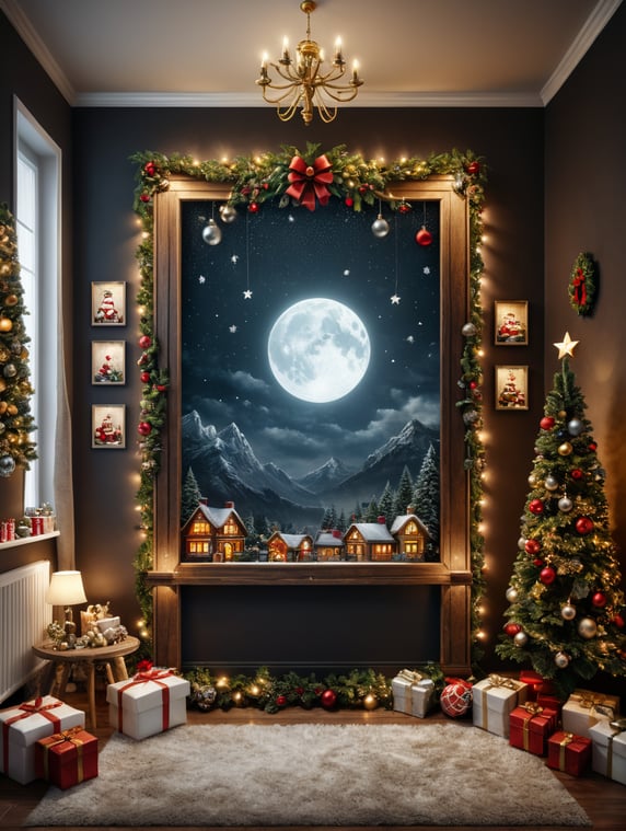 vertical frame wall mockup, nursery with christmas decorations, neutral colors and christmas lights