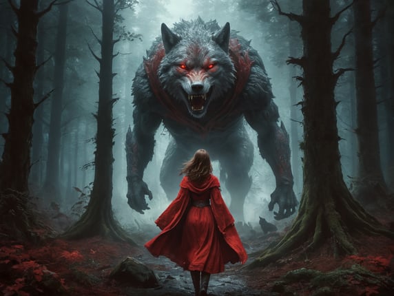 GIRL IN RED AGAINST A HUGE WOLF VERSUS IN A MISTY FOREST